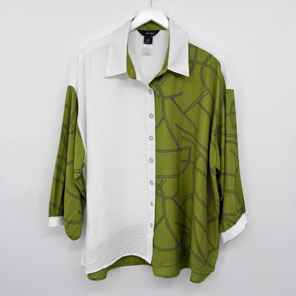 Ali Miles Top Shirt Blouse Size 1X Hi Low 3/4 Sleeves Color Block Abstract Artsy - Picture 15 of 15
